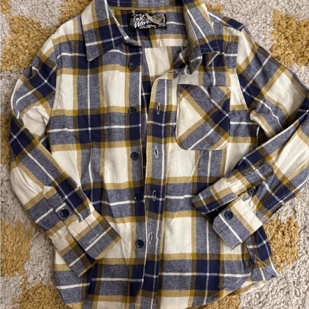 NWOT Boys’ First Wave Plaid Button Down Shirt - Navy, Mustard & Cream Sz 2/3